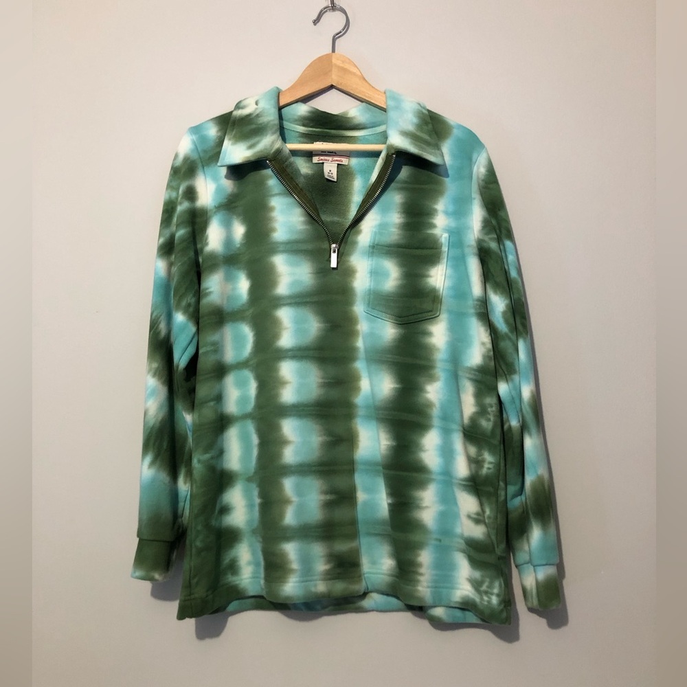 Lands' End Serious Sweats Green and Blue Tie-Dye Women’s Medium Pullover